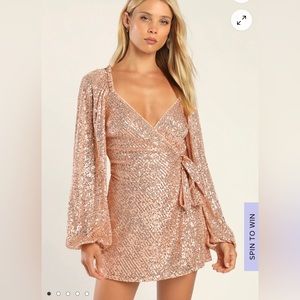 Lulus You Glow Girl Rose Gold Sequin Wrap Skort Romper